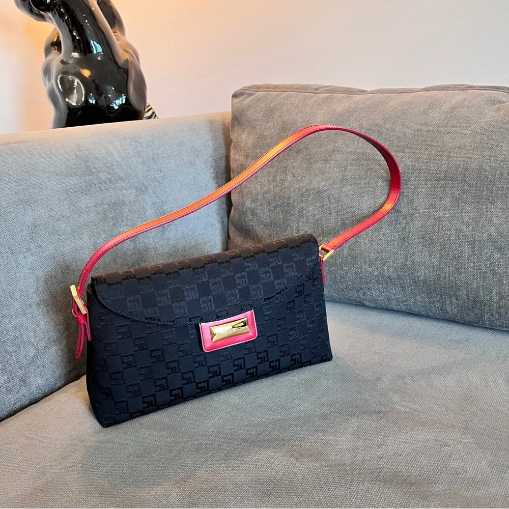 St John Black Shoulder Bag with Red Leather Trim